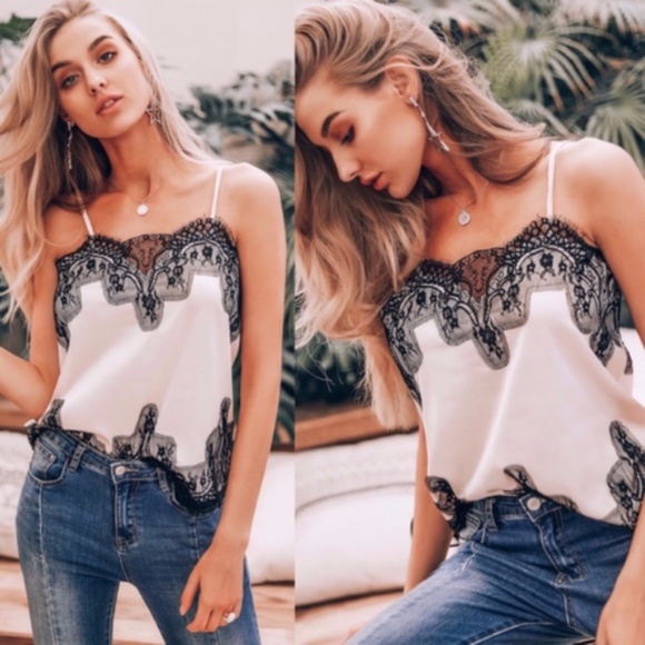 BellanBlue Tops - #12 Boho eyelash lace trim Satin cami tank top